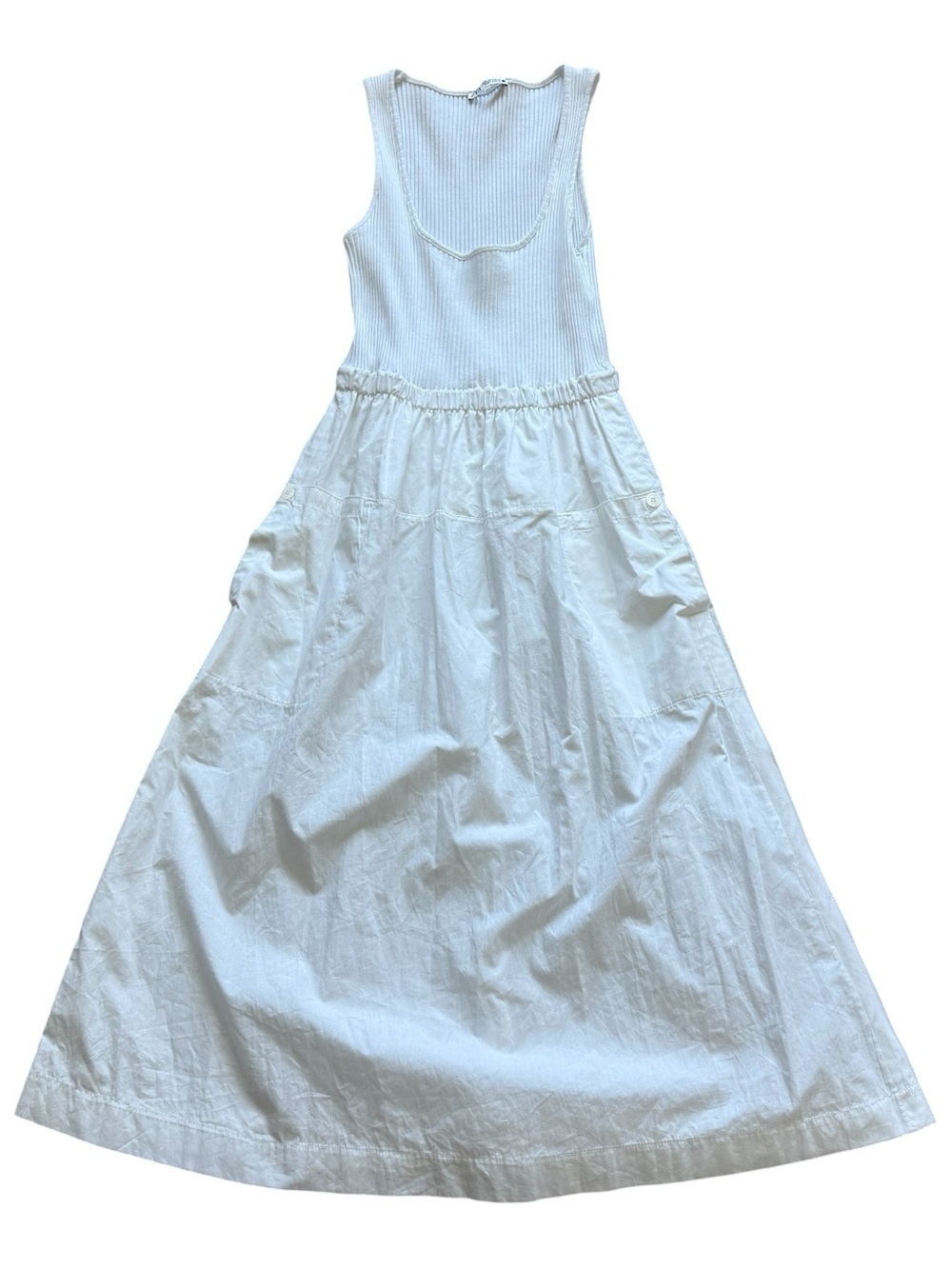 Zara White Rib Knit Cotton Maxi Dress Sleeveless Pocket Summer Beach Boho Small